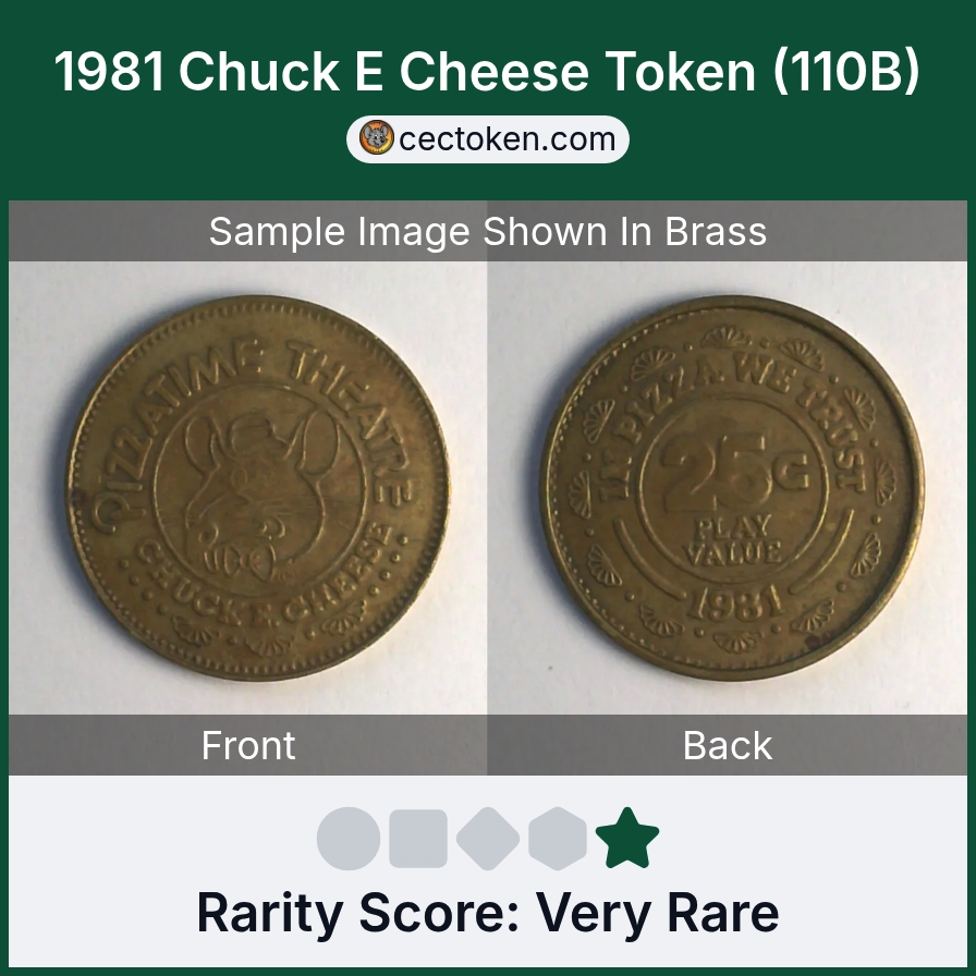 Chuck E. Cheese 110B 1981 Chuck E Cheese Token (110B) — sample listing image