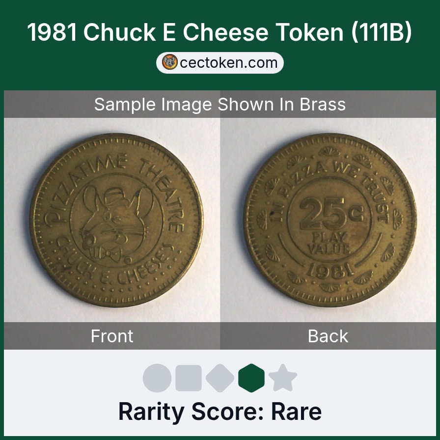 Chuck E. Cheese 111B 1981 Chuck E Cheese Token (111B) — sample listing image