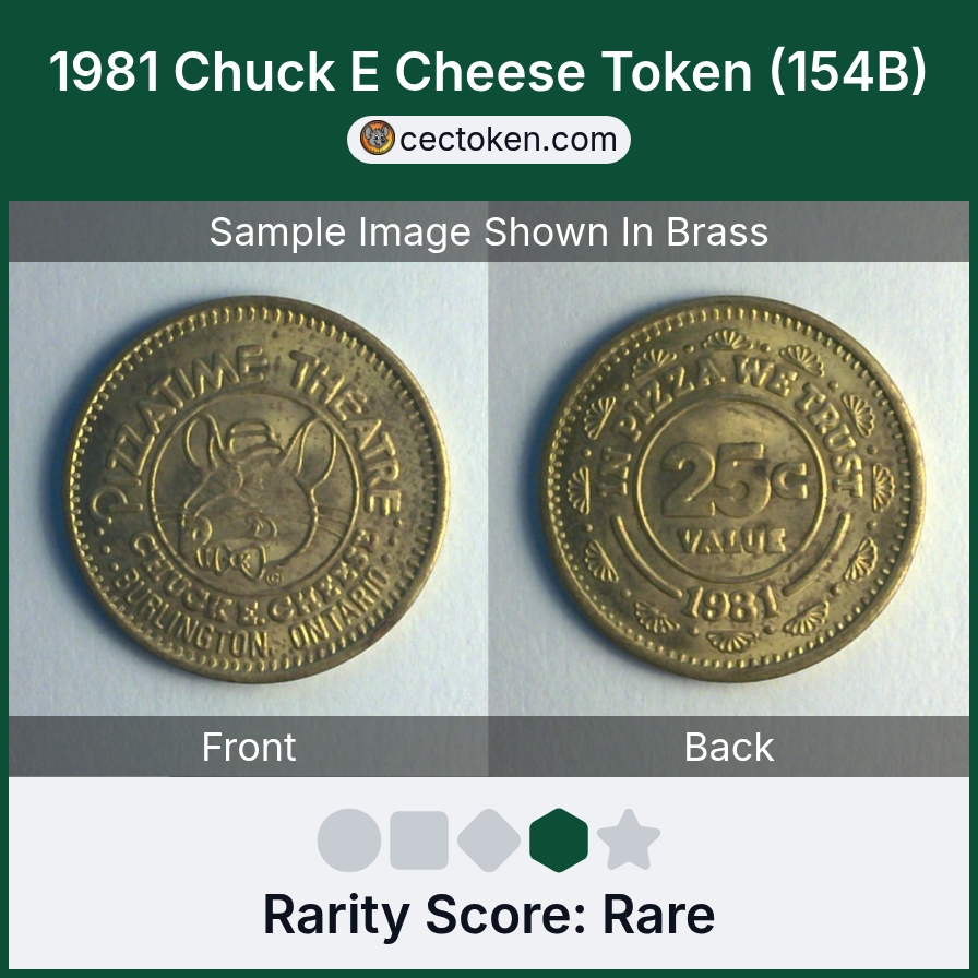 Chuck E. Cheese 154B 1981 Chuck E Cheese Token (154B) — sample listing image
