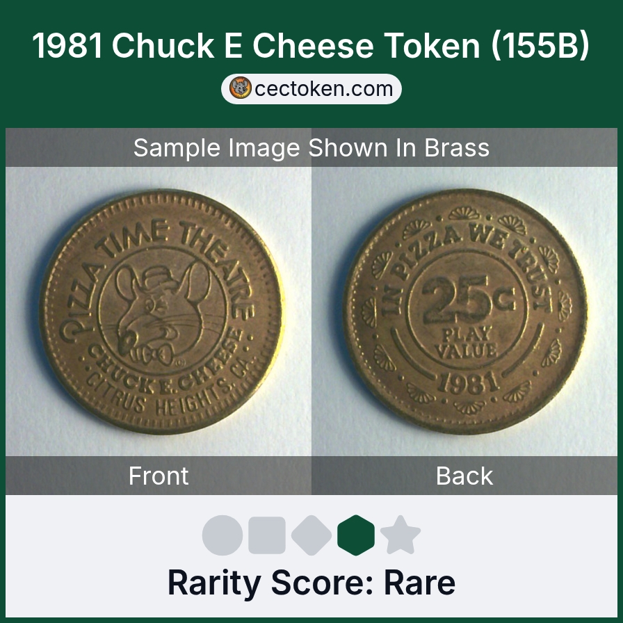 Chuck E. Cheese 155B 1981 Chuck E Cheese Token (155B) — sample listing image