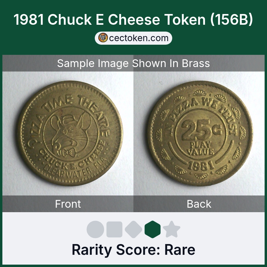 Chuck E. Cheese 156B 1981 Chuck E Cheese Token (156B) — sample listing image
