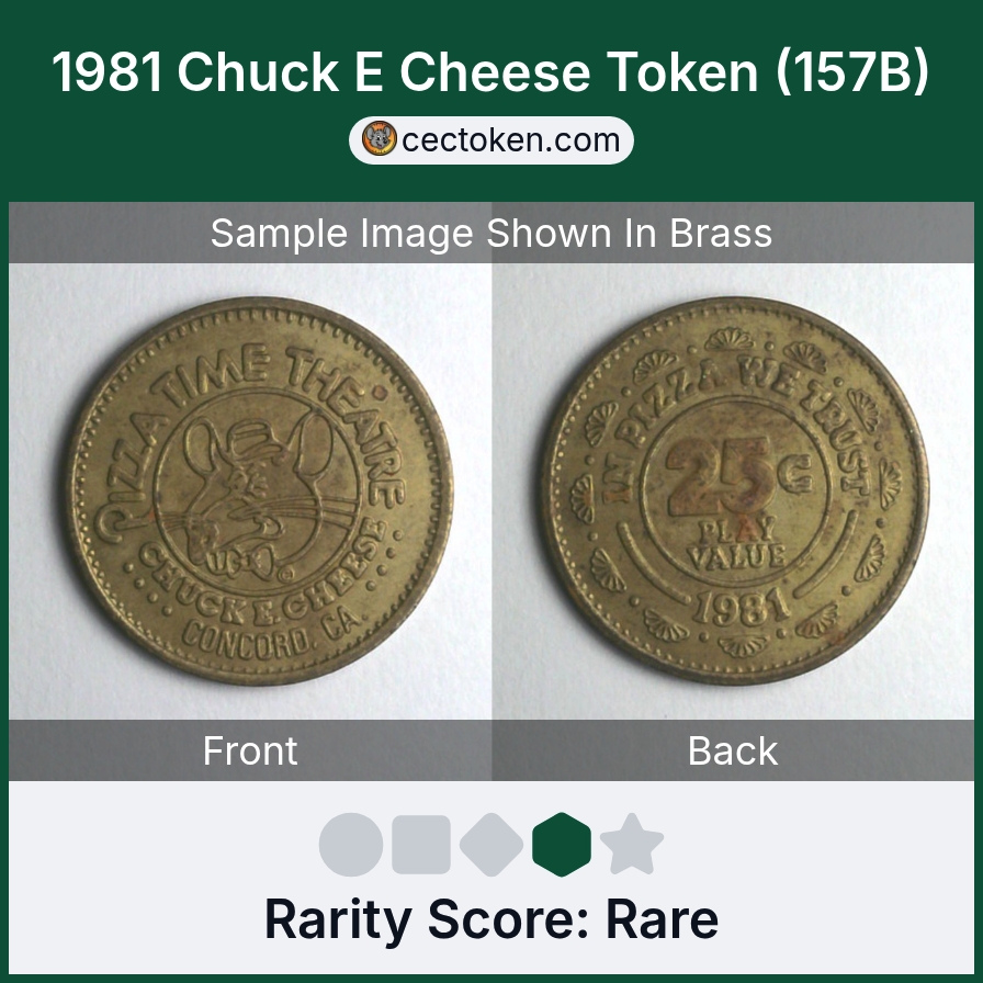 Chuck E. Cheese 157B 1981 Chuck E Cheese Token (157B) — sample listing image