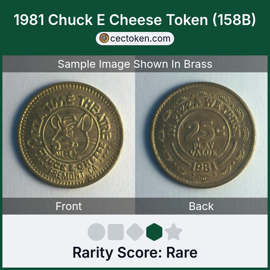 Chuck E. Cheese 158B 1981 Chuck E Cheese Token (158B) — sample listing image