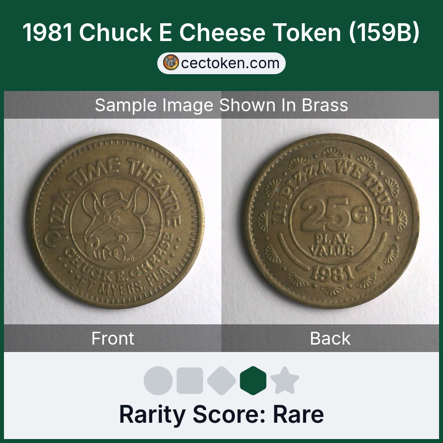 Chuck E. Cheese 159B 1981 Chuck E Cheese Token (159B) — sample listing image