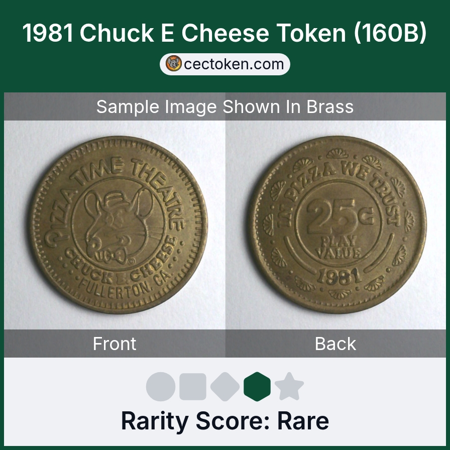 Chuck E. Cheese 160B 1981 Chuck E Cheese Token (160B) — sample listing image