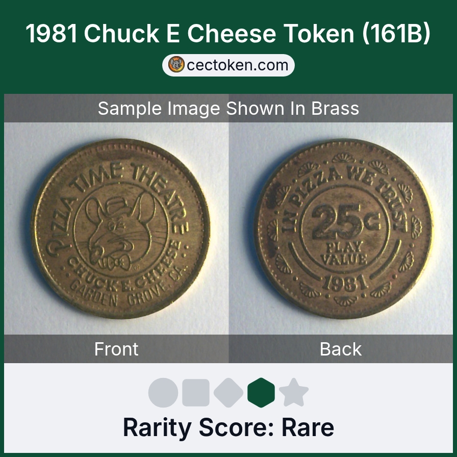 Chuck E. Cheese 161B 1981 Chuck E Cheese Token (161B) — sample listing image