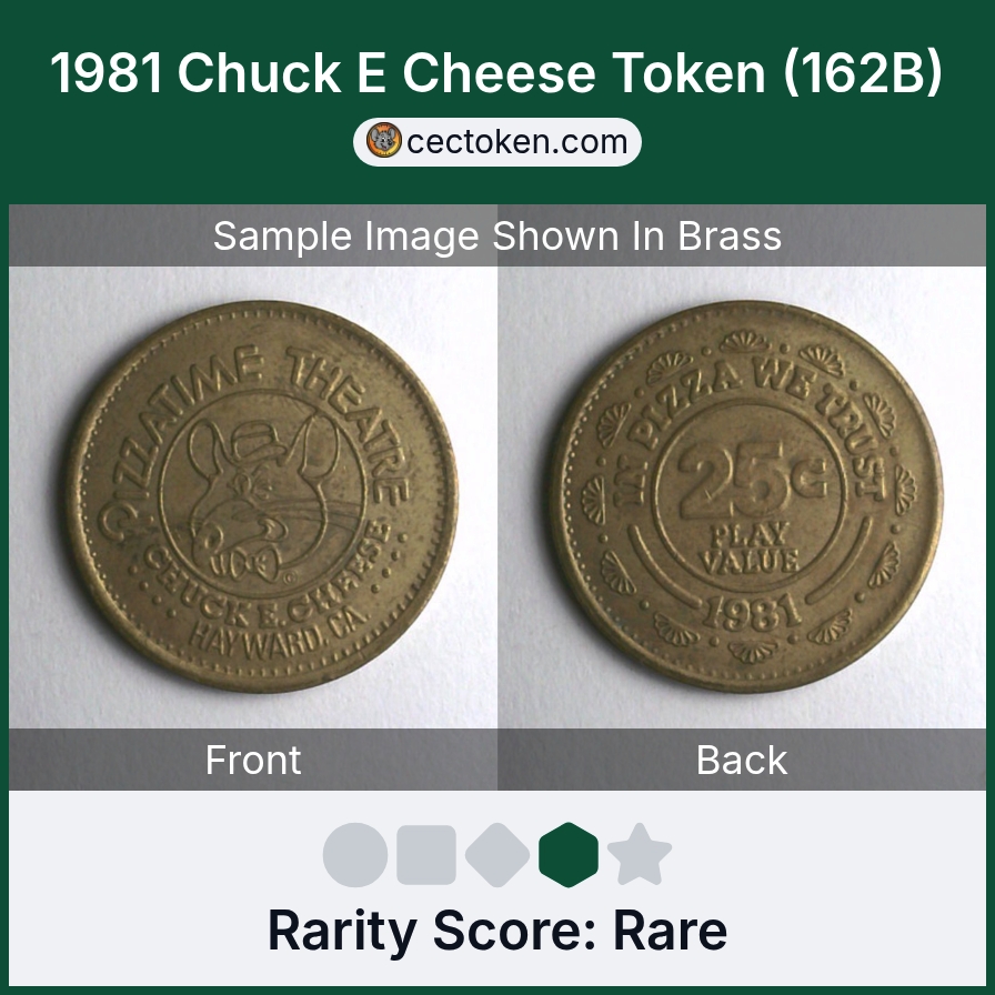 Chuck E. Cheese 162B 1981 Chuck E Cheese Token (162B) — sample listing image