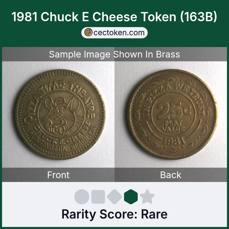 Chuck E. Cheese 163B 1981 Chuck E Cheese Token (163B) — sample listing image