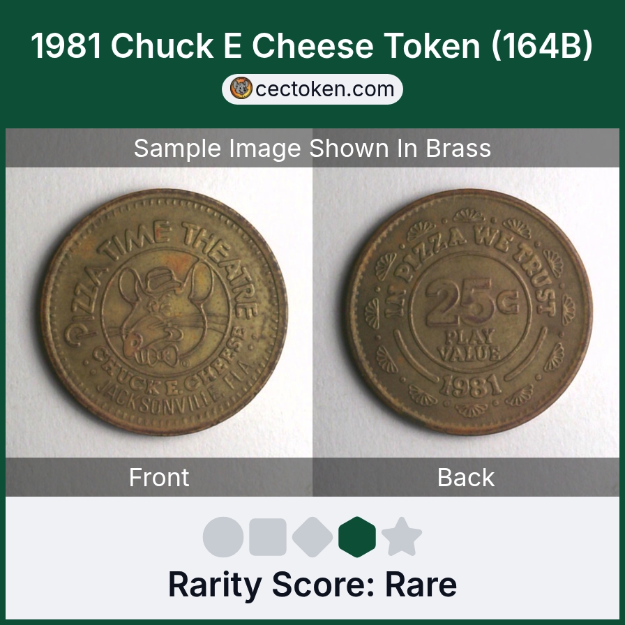 Chuck E. Cheese 164B 1981 Chuck E Cheese Token (164B) — sample listing image