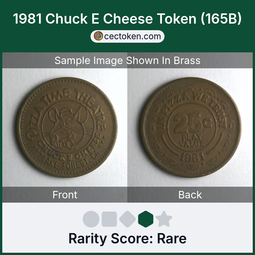 Chuck E. Cheese 165B 1981 Chuck E Cheese Token (165B) — sample listing image