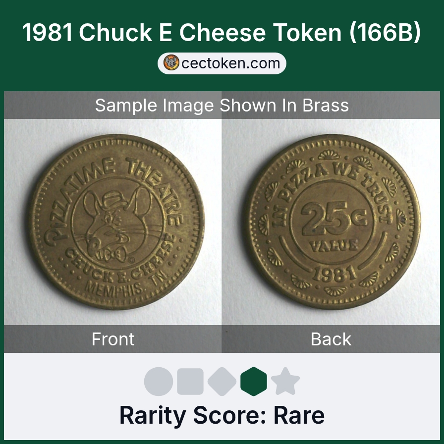 Chuck E. Cheese 166B 1981 Chuck E Cheese Token (166B) — sample listing image