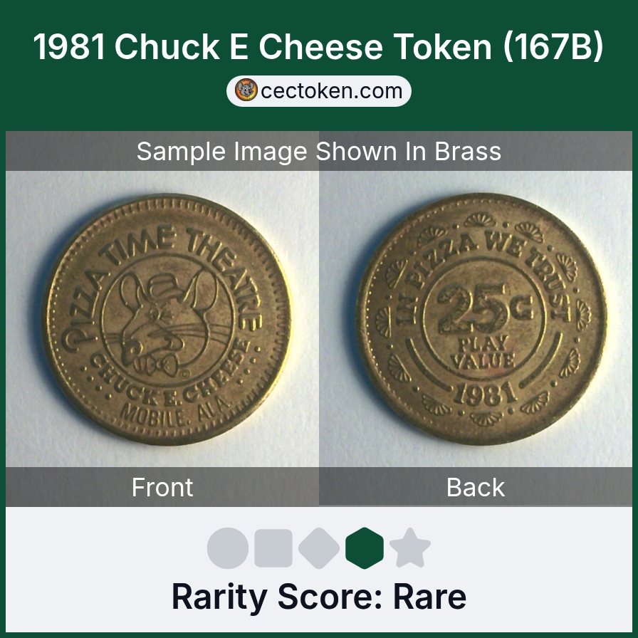 Chuck E. Cheese 167B 1981 Chuck E Cheese Token (167B) — sample listing image