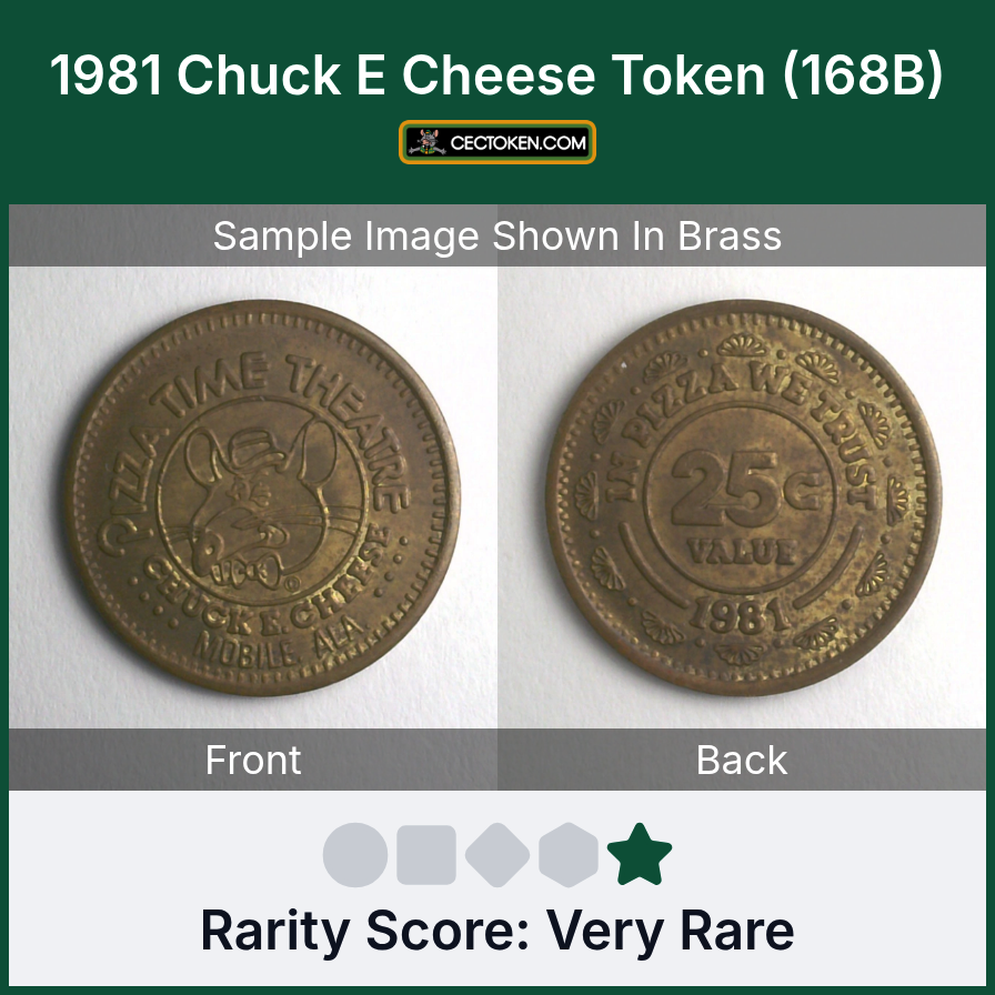 Chuck E. Cheese 168B 1981 Chuck E Cheese Token (168B) — sample listing image