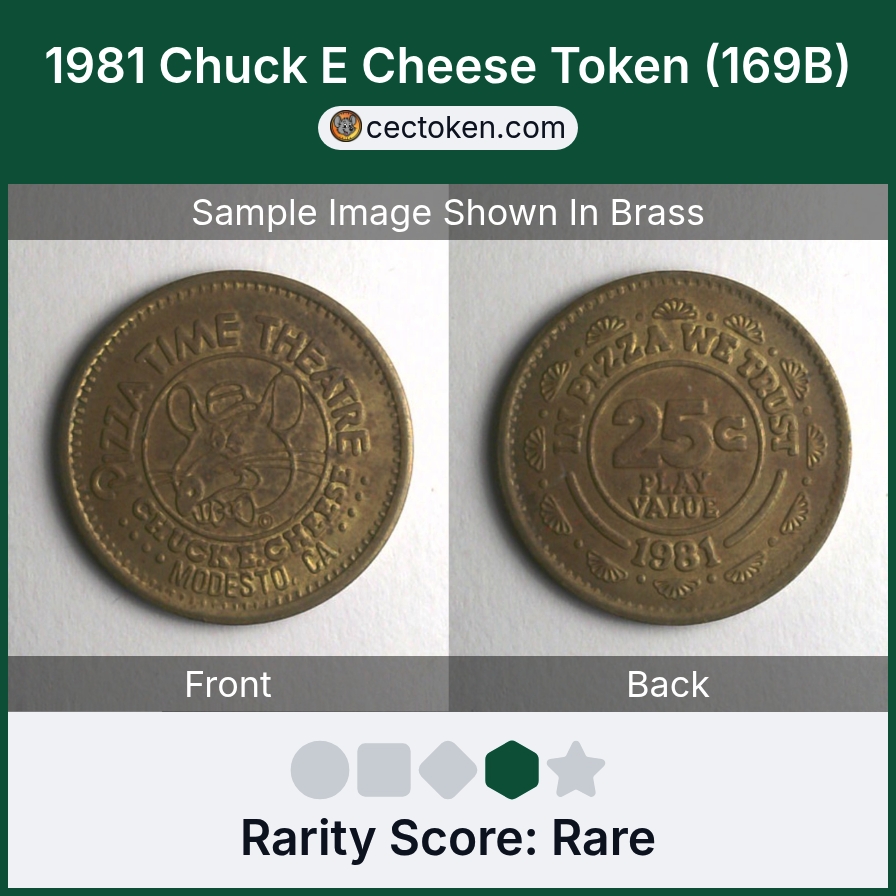 Chuck E. Cheese 169B 1981 Chuck E Cheese Token (169B) — sample listing image