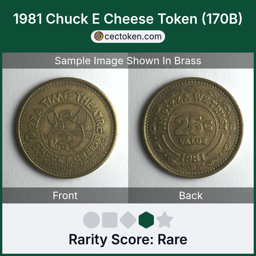 Chuck E. Cheese 170B 1981 Chuck E Cheese Token (170B) — sample listing image