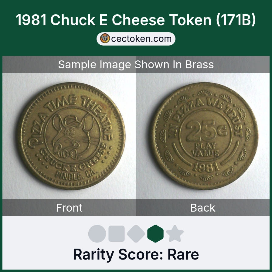 Chuck E. Cheese 171B 1981 Chuck E Cheese Token (171B) — sample listing image