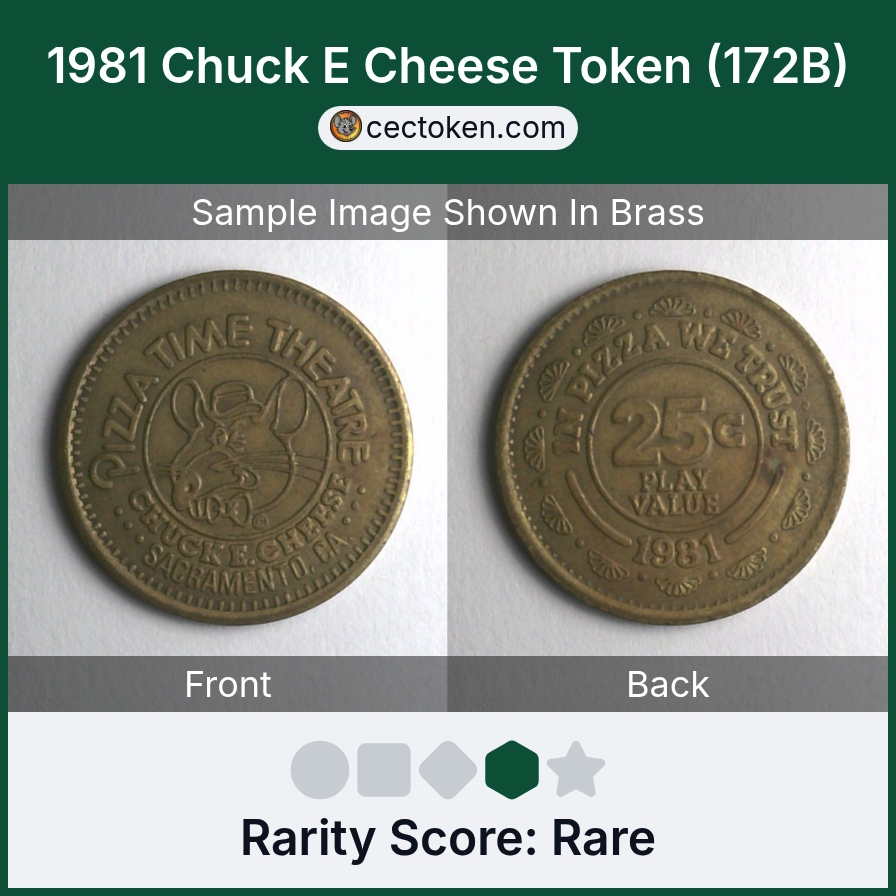 Chuck E. Cheese 172B 1981 Chuck E Cheese Token (172B) — sample listing image