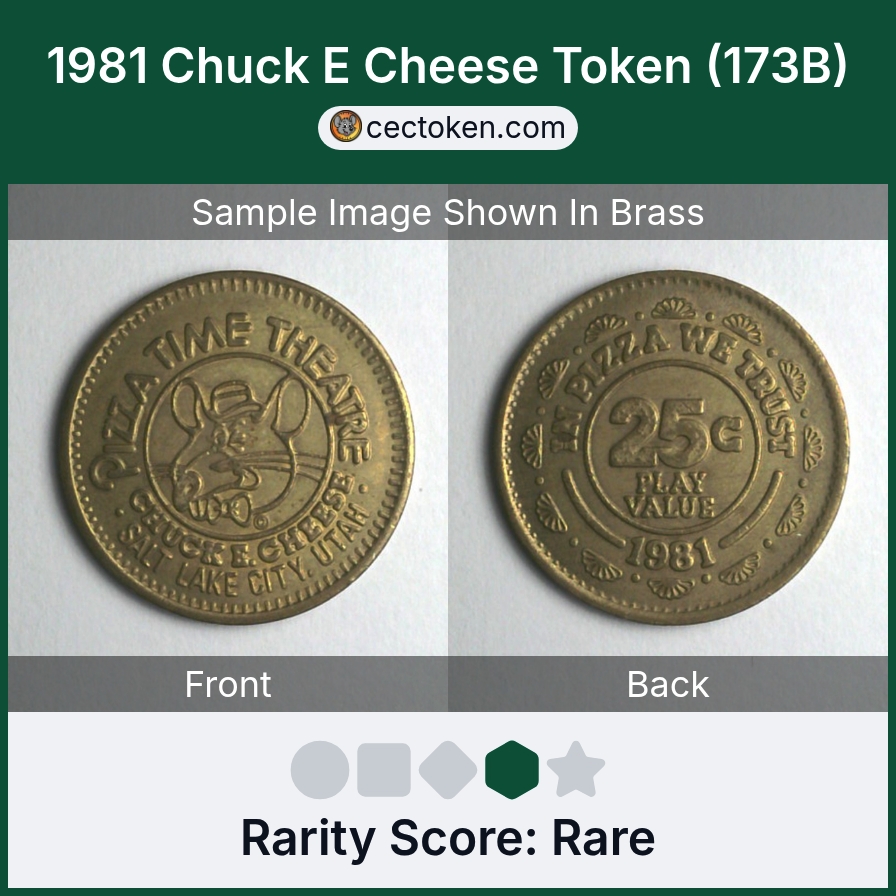 Chuck E. Cheese 173B 1981 Chuck E Cheese Token (173B) — sample listing image