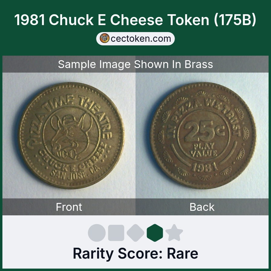 Chuck E. Cheese 175B 1981 Chuck E Cheese Token (175B) — sample listing image