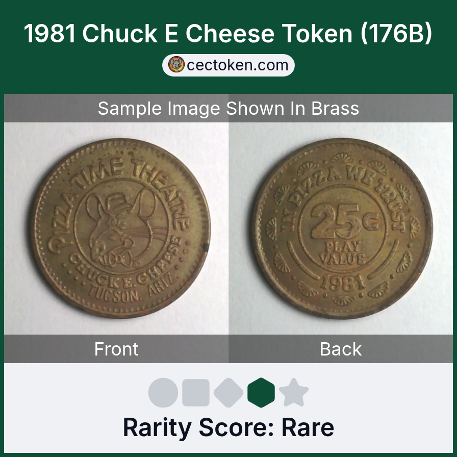 Chuck E. Cheese 176B 1981 Chuck E Cheese Token (176B) — sample listing image
