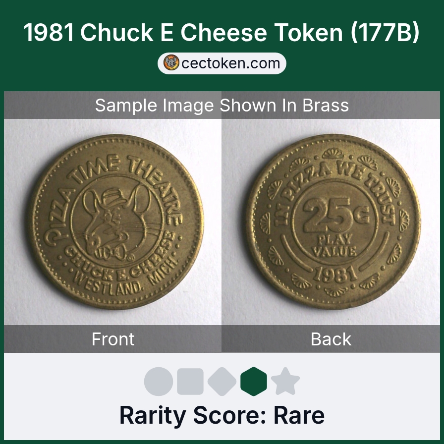 Chuck E. Cheese 177B 1981 Chuck E Cheese Token (177B) — sample listing image