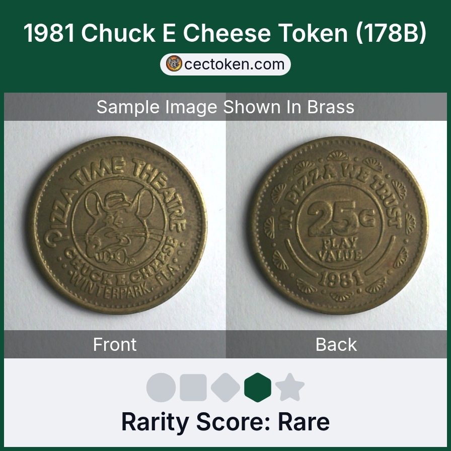 Chuck E. Cheese 178B 1981 Chuck E Cheese Token (178B) — sample listing image