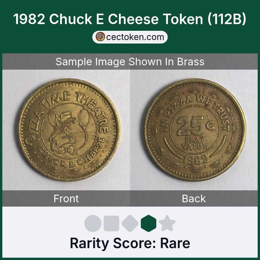 Chuck E. Cheese 112B 1982 Chuck E Cheese Token (112B) — sample listing image
