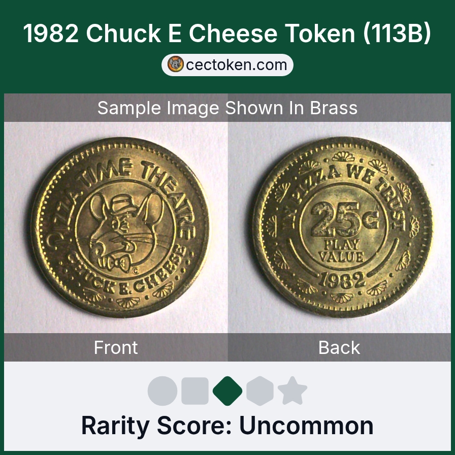 Chuck E. Cheese 113B 1982 Chuck E Cheese Token (113B) — sample listing image