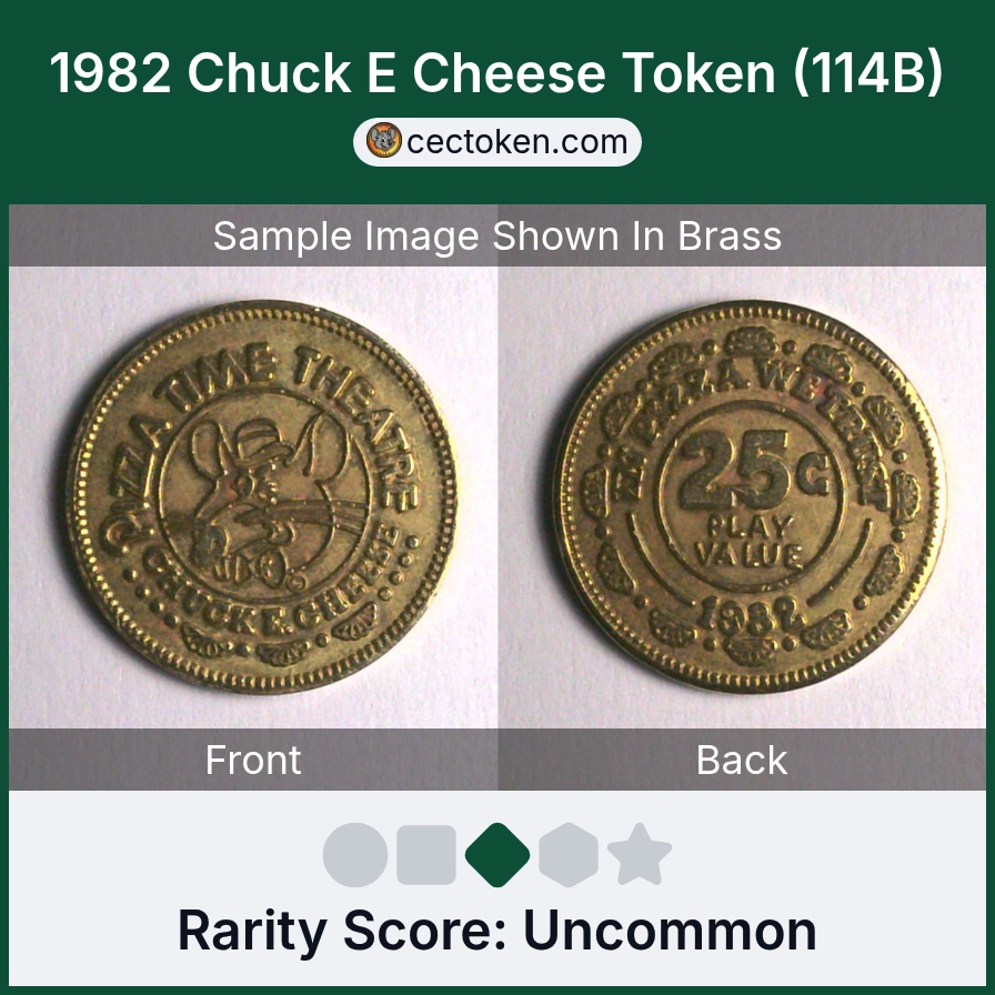 Chuck E. Cheese 114B 1982 Chuck E Cheese Token (114B) — sample listing image