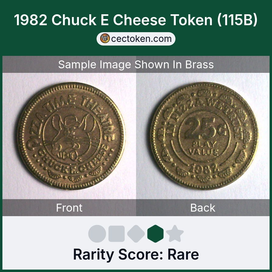 Chuck E. Cheese 115B 1982 Chuck E Cheese Token (115B) — sample listing image