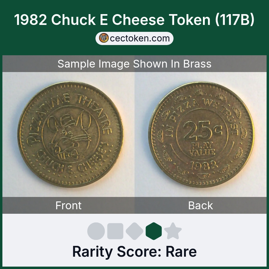 Chuck E. Cheese 117B 1982 Chuck E Cheese Token (117B) — sample listing image