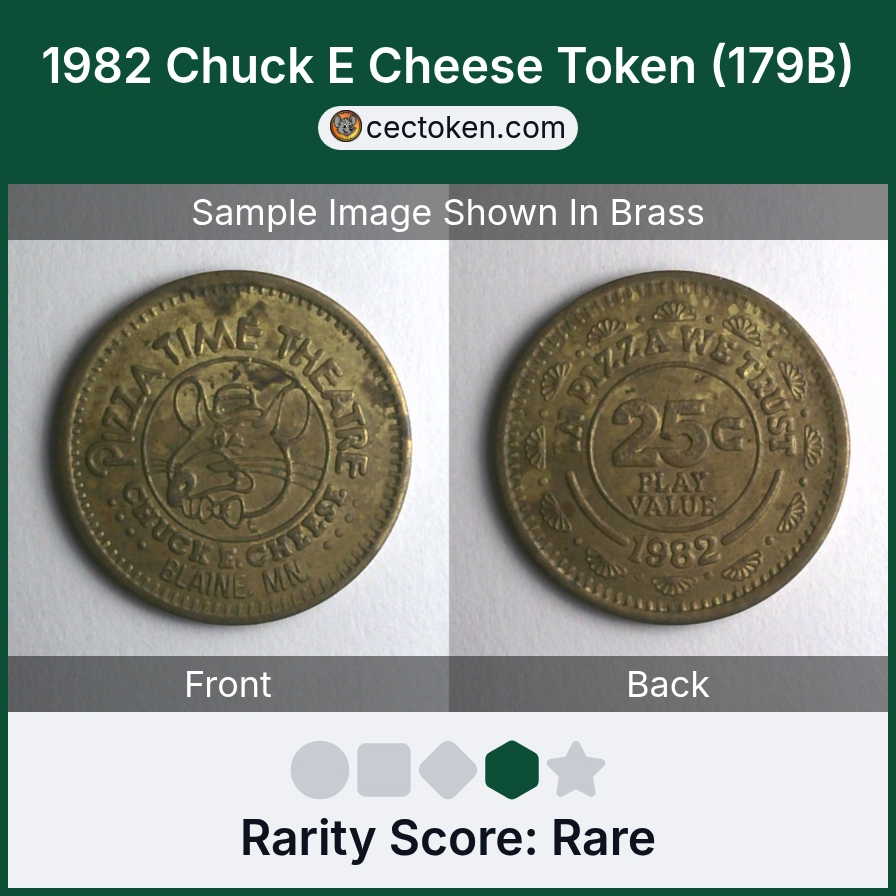 Chuck E. Cheese 179B 1982 Chuck E Cheese Token (179B) — sample listing image
