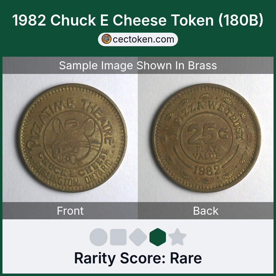Chuck E. Cheese 180B 1982 Chuck E Cheese Token (180B) — sample listing image