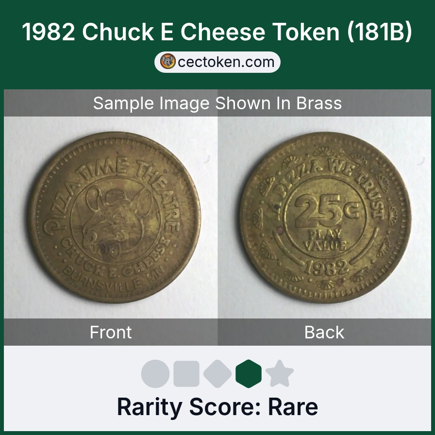 Chuck E. Cheese 181B 1982 Chuck E Cheese Token (181B) — sample listing image