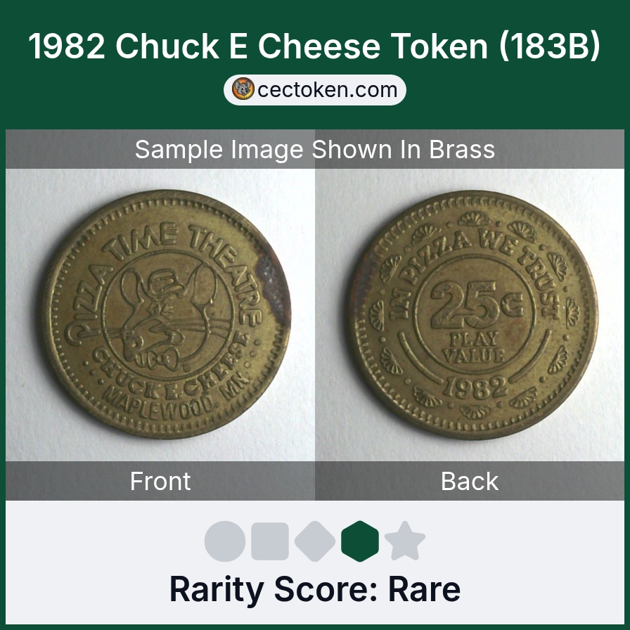Chuck E. Cheese 183B 1982 Chuck E Cheese Token (183B) — sample listing image