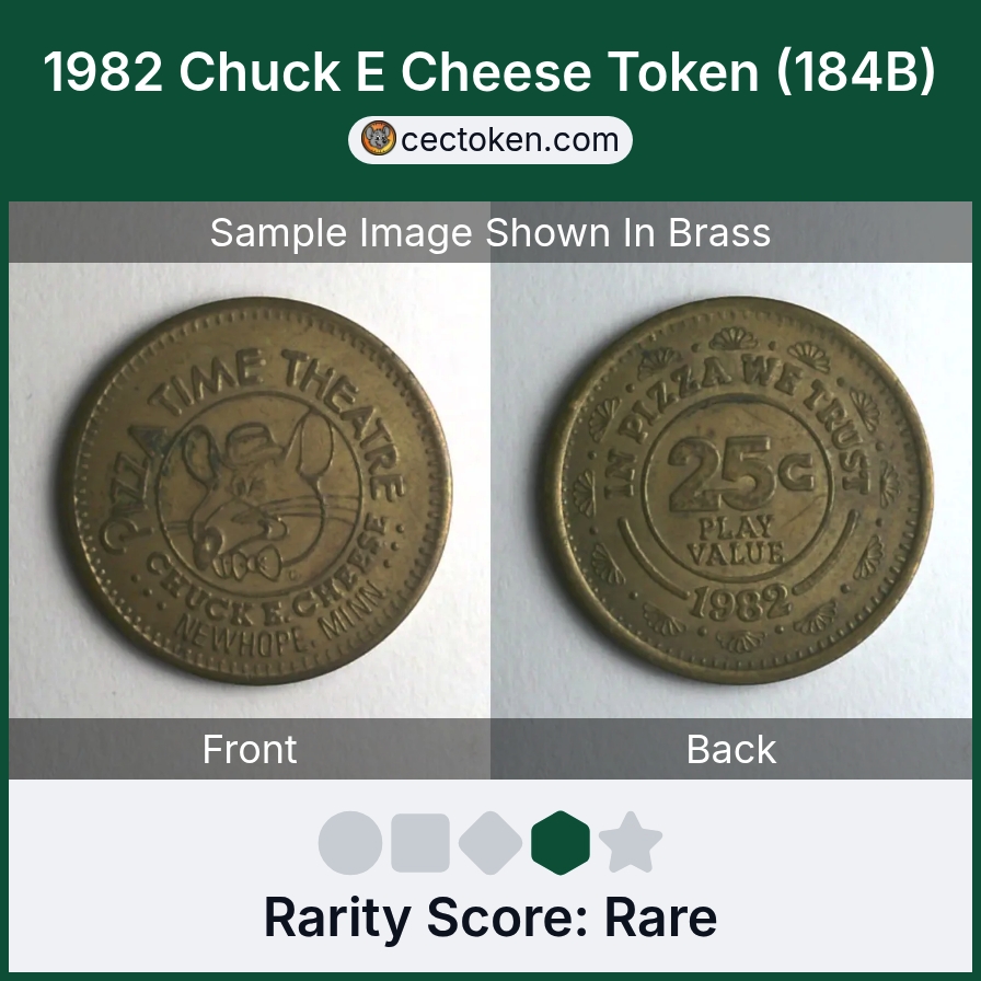 Chuck E. Cheese 184B 1982 Chuck E Cheese Token (184B) — sample listing image