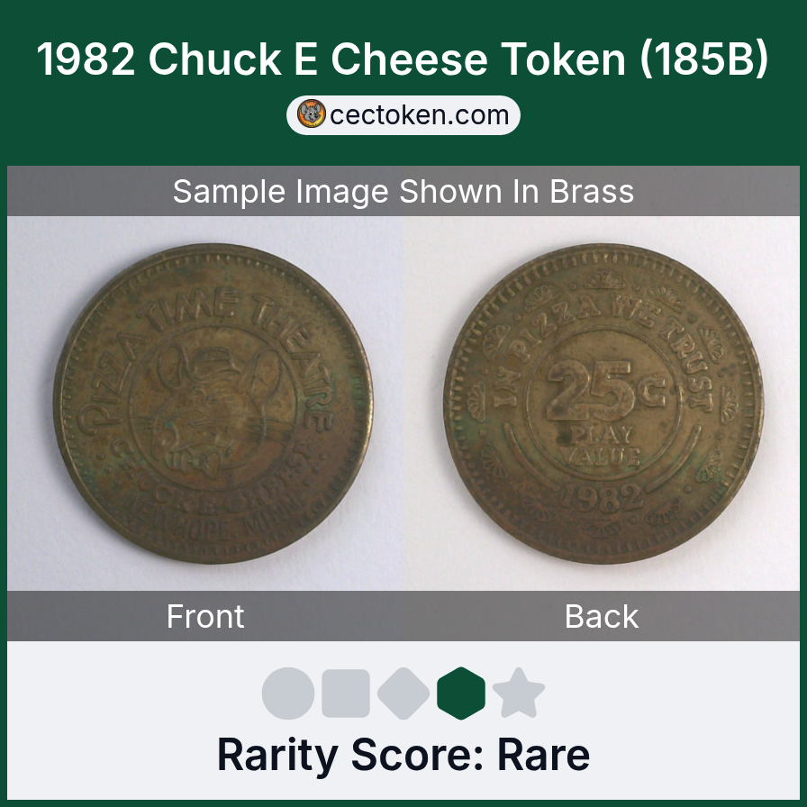 Chuck E. Cheese 185B 1982 Chuck E Cheese Token (185B) — sample listing image