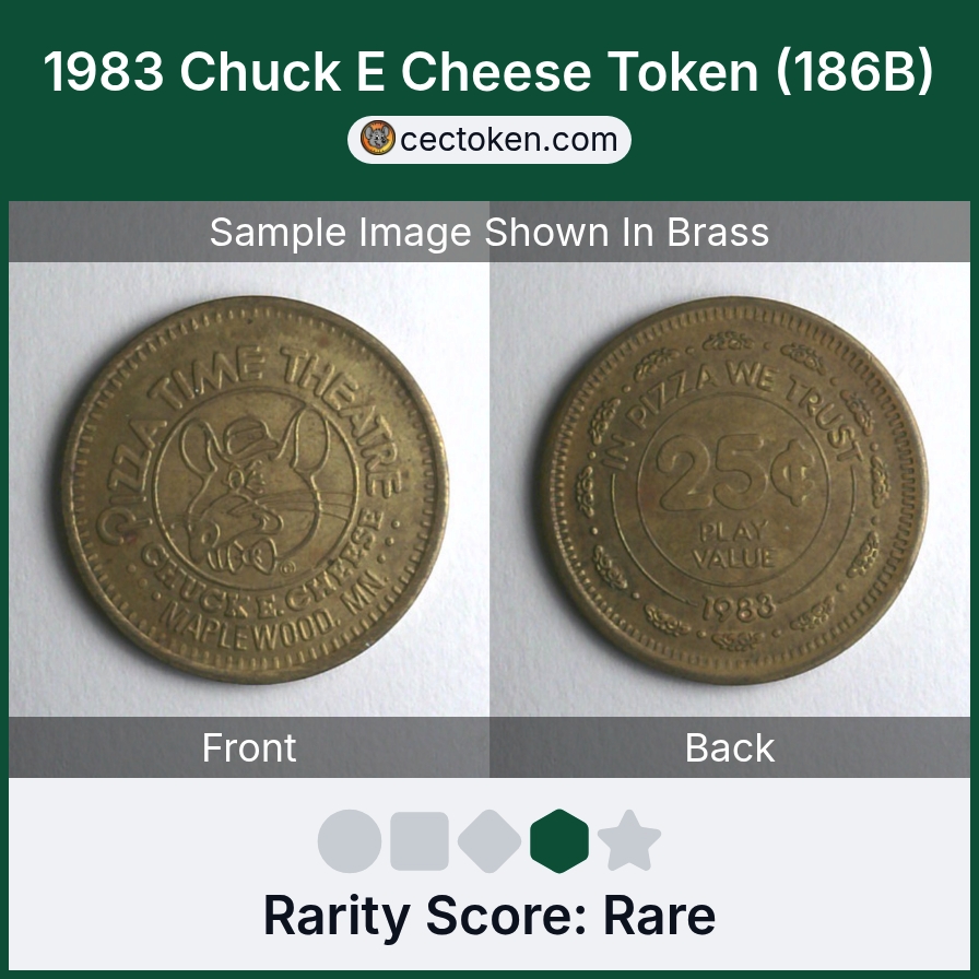 Chuck E. Cheese 186B 1983 Maplewood Chuck E Cheese Token (186B) — sample listing image