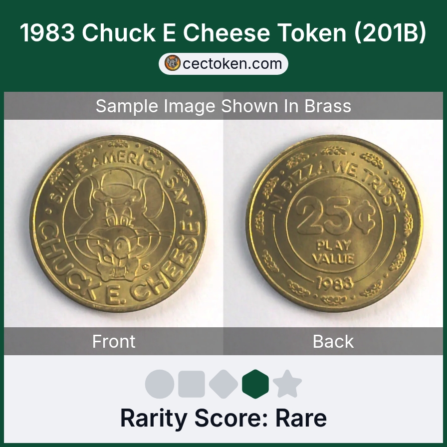 Chuck E. Cheese 201B 1983 Chuck E Cheese Token (201B) — sample listing image