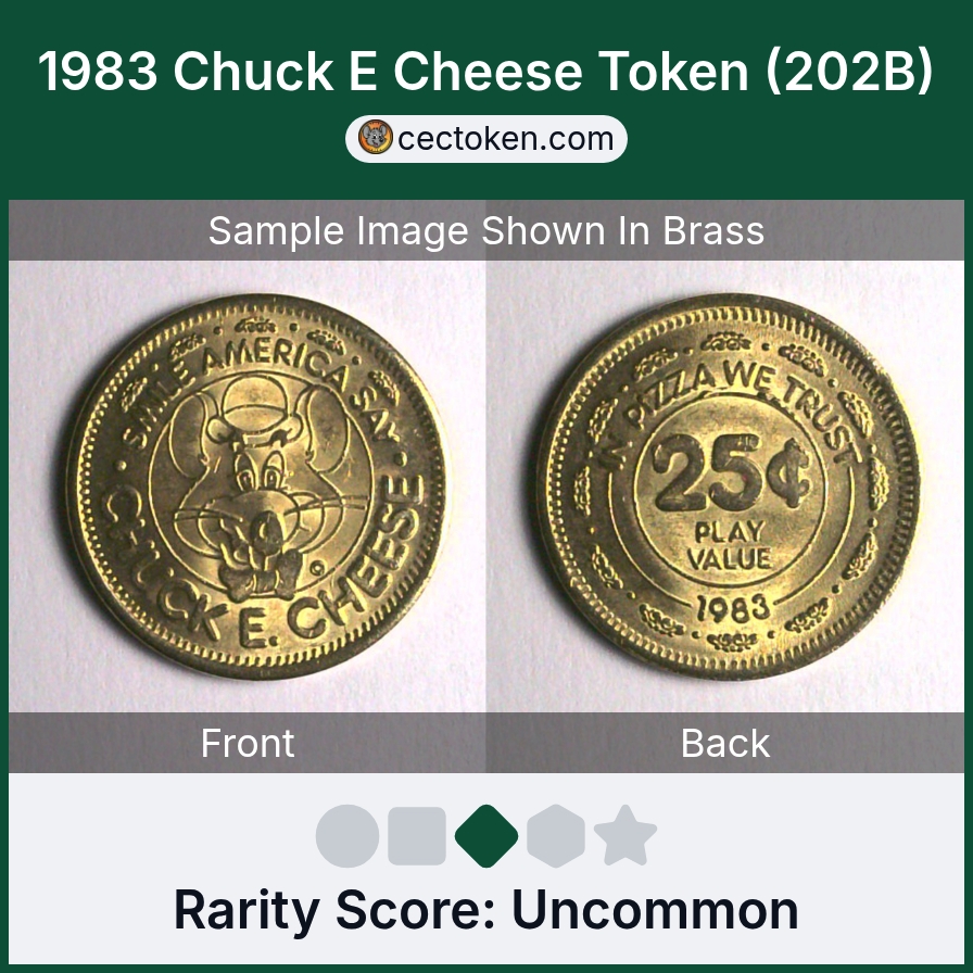 Chuck E. Cheese 202B 1983 Chuck E Cheese Token (202B) — sample listing image