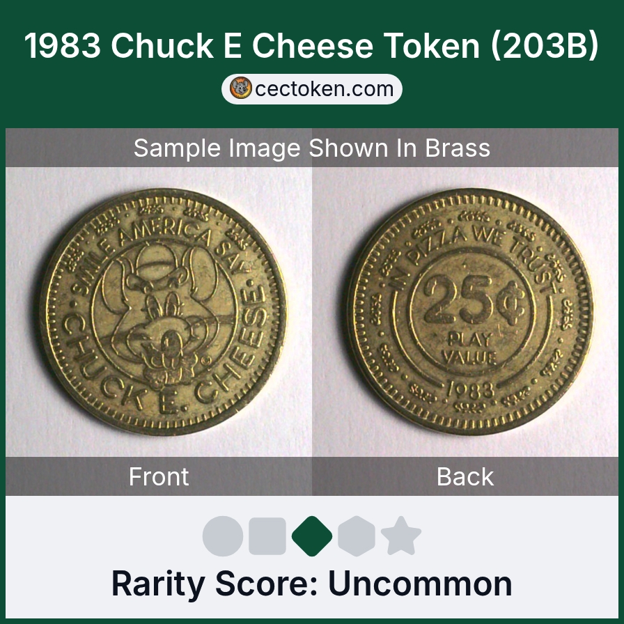 Chuck E. Cheese 203B 1983 Chuck E Cheese Token (203B) — sample listing image