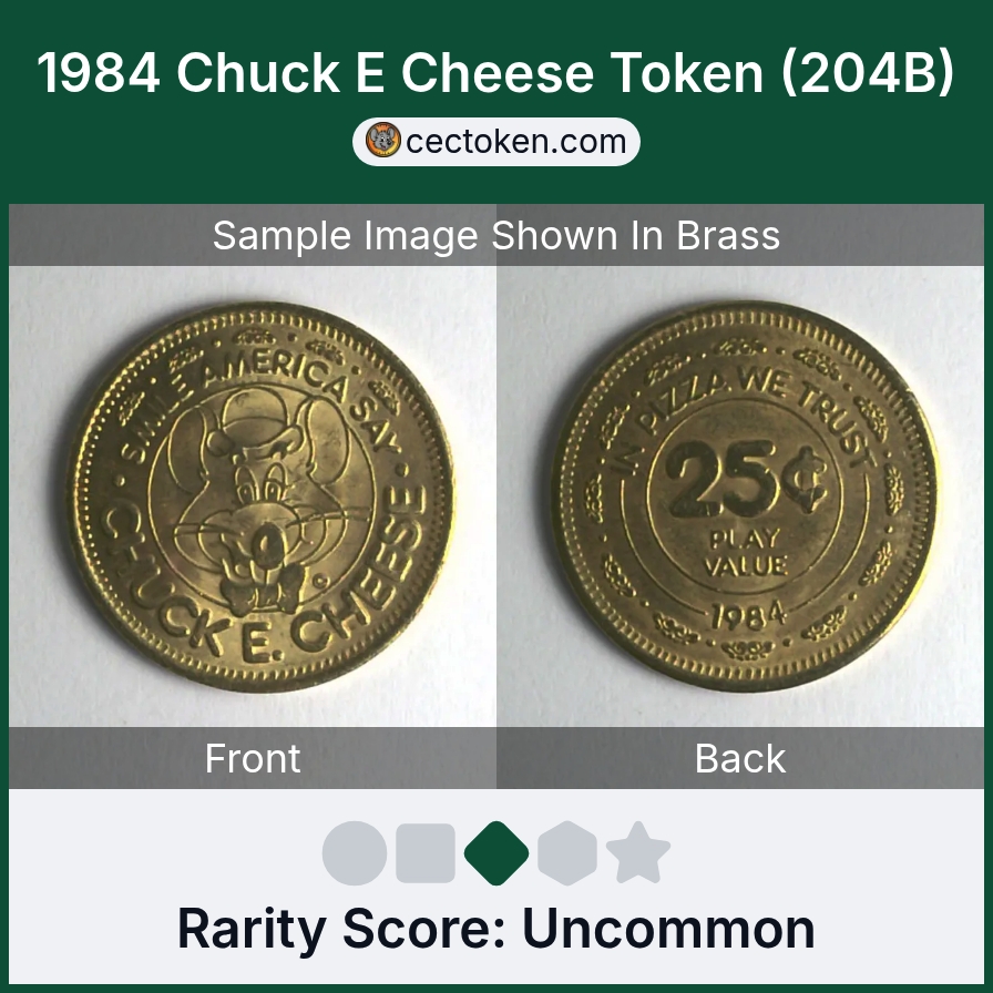 Chuck E. Cheese 204B 1984 Chuck E Cheese Token (204B) — sample listing image