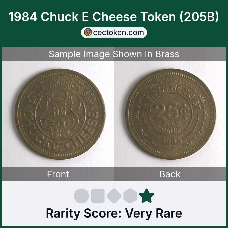 Chuck E. Cheese 205B 1984 Chuck E Cheese Token (205B) — sample listing image