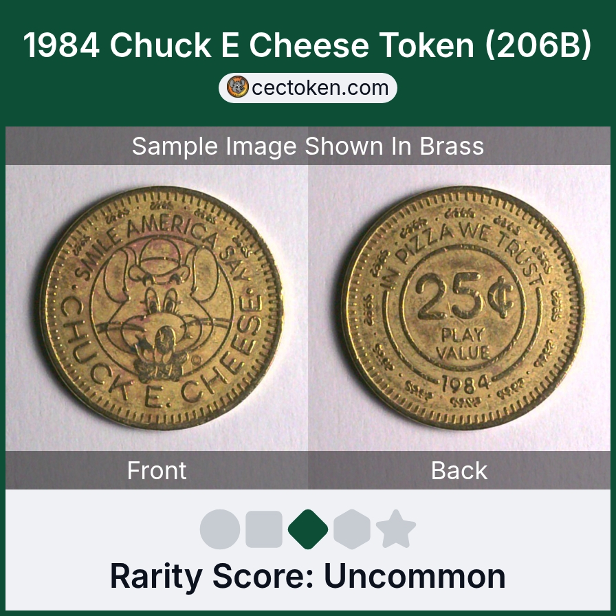 Chuck E. Cheese 206B 1984 Chuck E Cheese Token (206B) — sample listing image