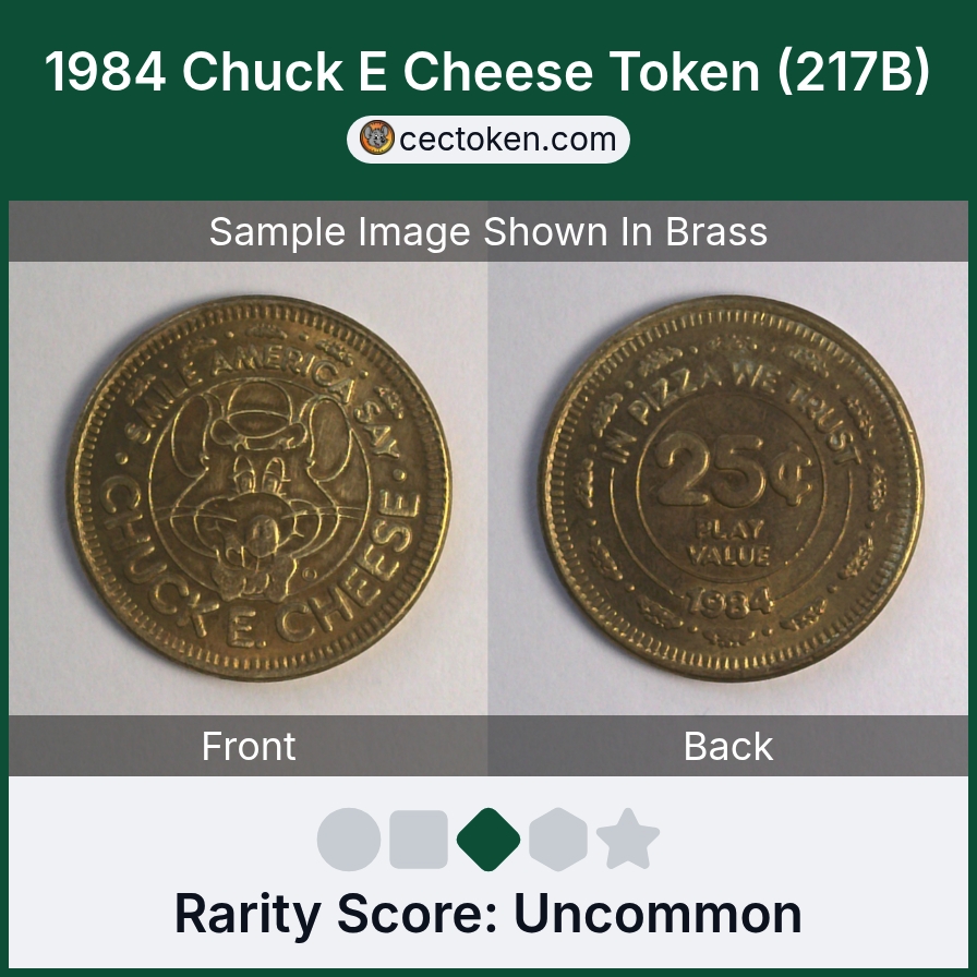 Chuck E. Cheese 217B 1984 Chuck E Cheese Token (217B) — sample listing image