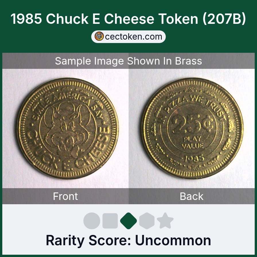 Chuck E. Cheese 207B 1985 Chuck E Cheese Token (207B) — sample listing image