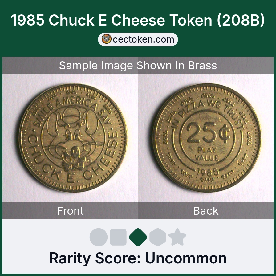 Chuck E. Cheese 208B 1985 Chuck E Cheese Token (208B) — sample listing image