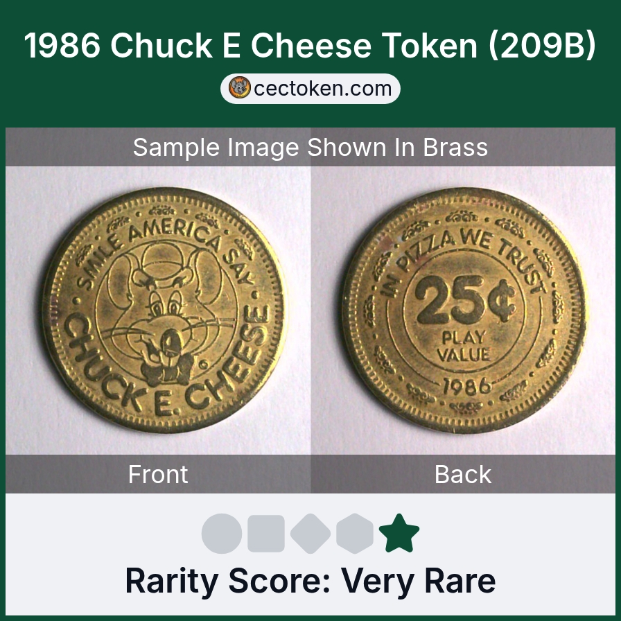Chuck E. Cheese 209B 1986 Chuck E Cheese Token (209B) — sample listing image