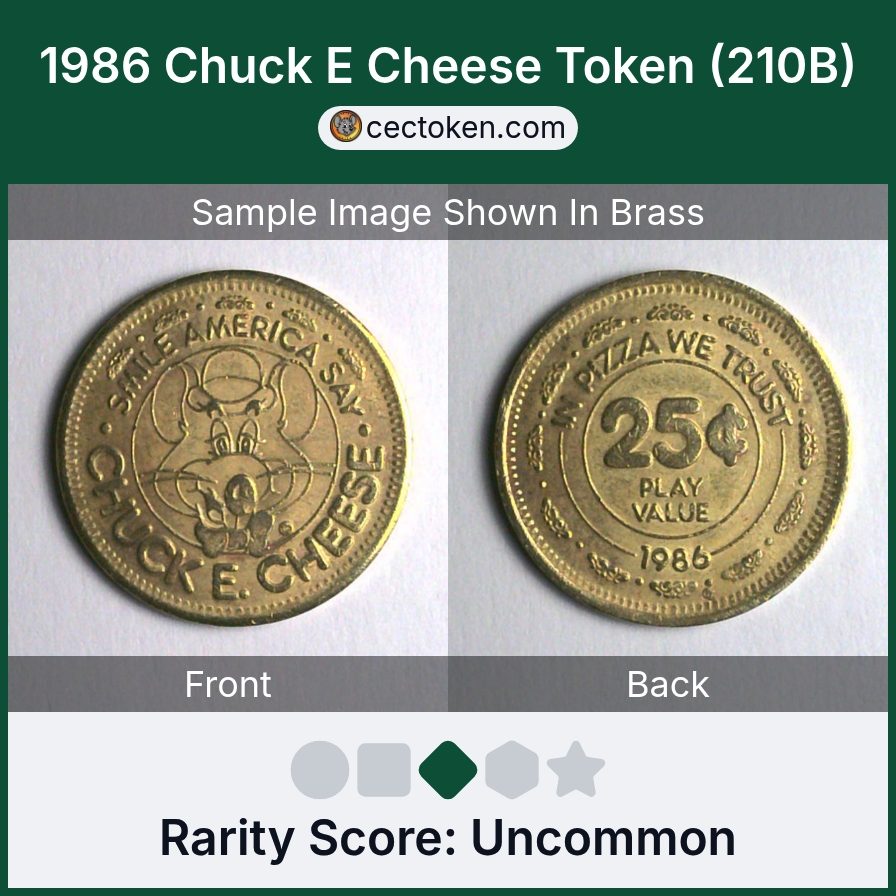 Chuck E. Cheese 210B 1986 Chuck E Cheese Token (210B) — sample listing image