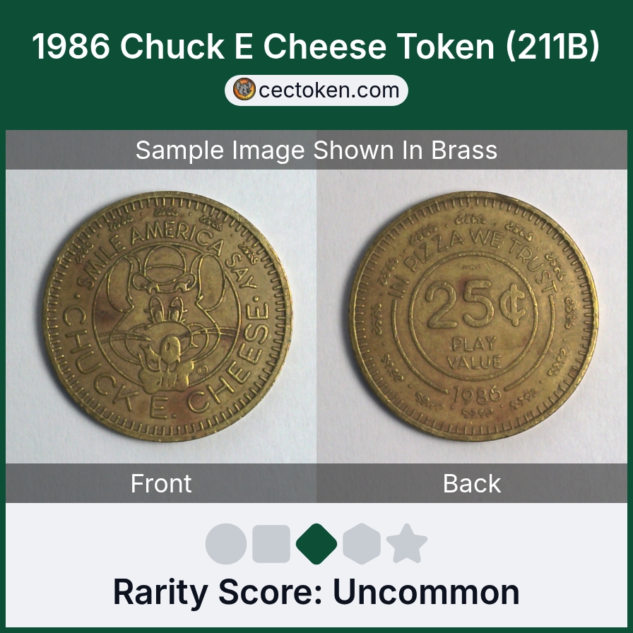 Chuck E. Cheese 211B 1986 Chuck E Cheese Token (211B) — sample listing image
